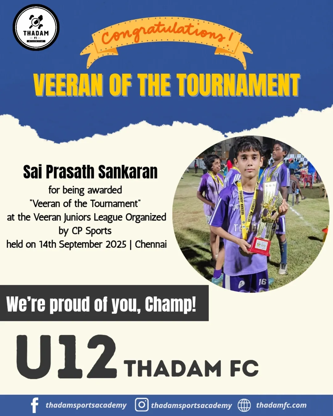 🏆💜 Veeran of the Tournament!A huge congratulations to Sai Prasath Sankaran from our U12 Thada