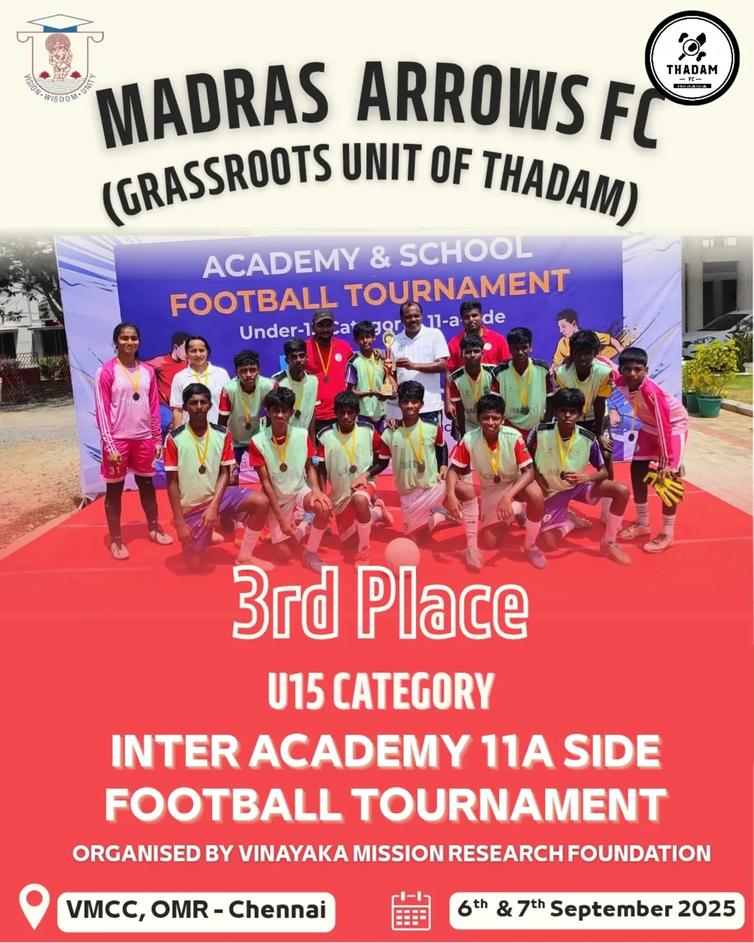 🥉 Proud Moment for Madras Arrows FC (Grassroot Unit Of Thadam)! 🥉Our U15 boys secured 3rd Pla